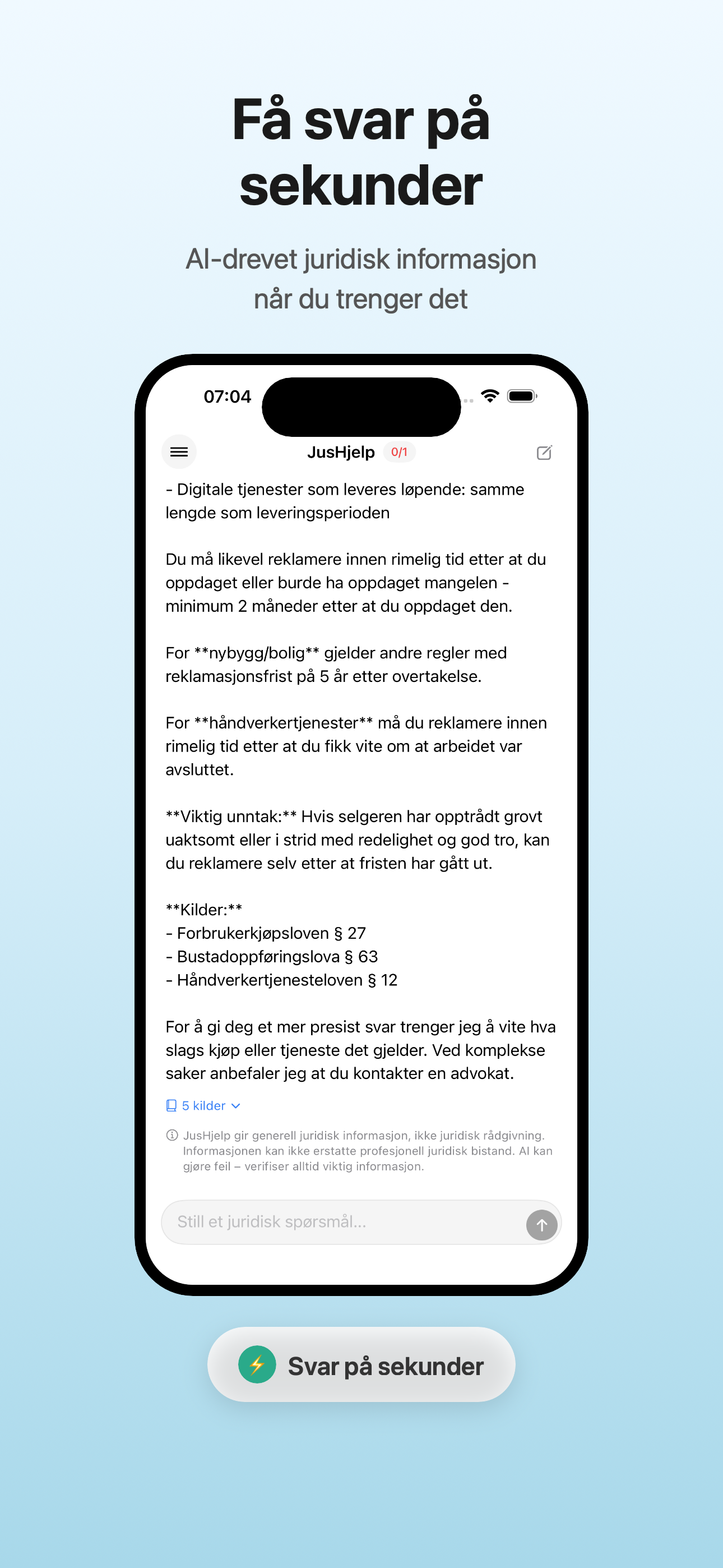 Skjermbilde av JusHjelp som viser et detaljert svar basert p&aring; lovparagrafer