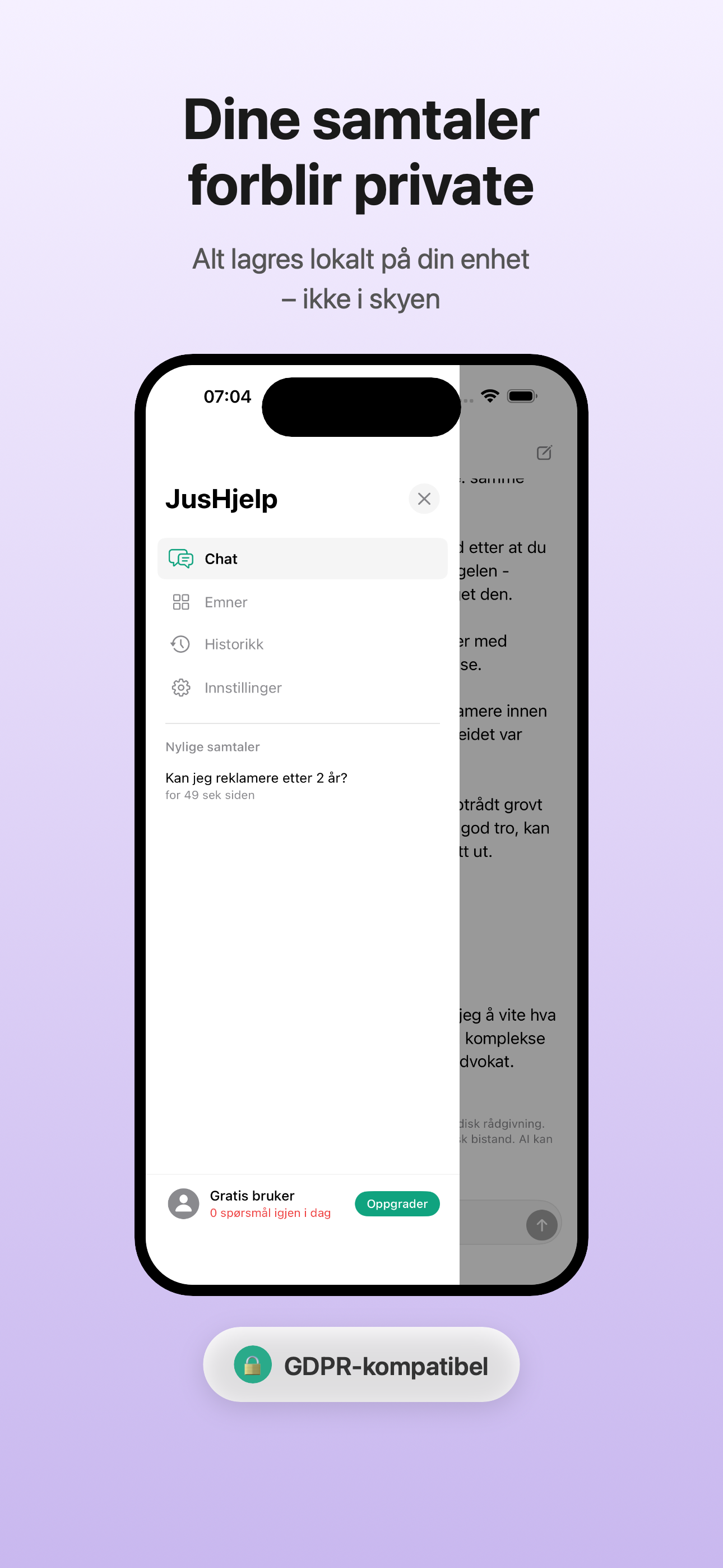 Skjermbilde av JusHjelp personverninnstillinger