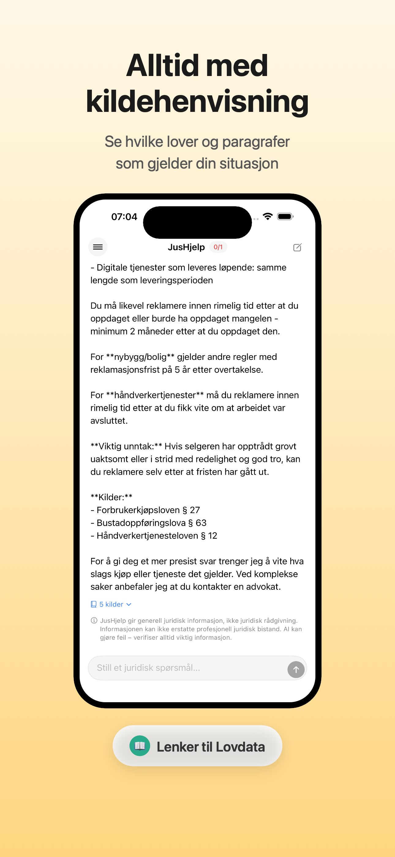 Skjermbilde av JusHjelp med kildehenvisninger til Lovdata