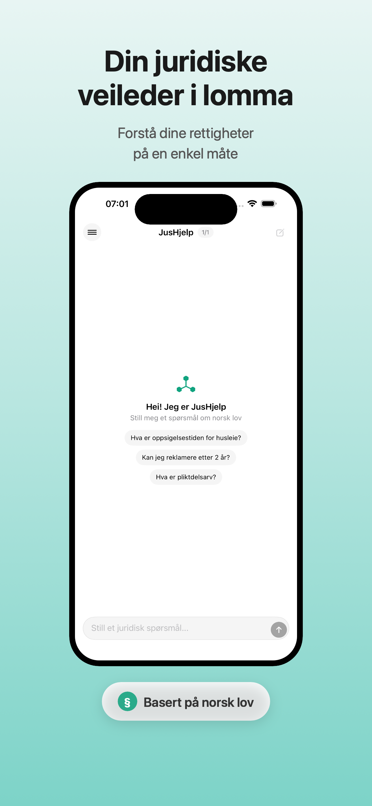 JusHjelp-appen viser velkomstskjermen med chatfunksjon